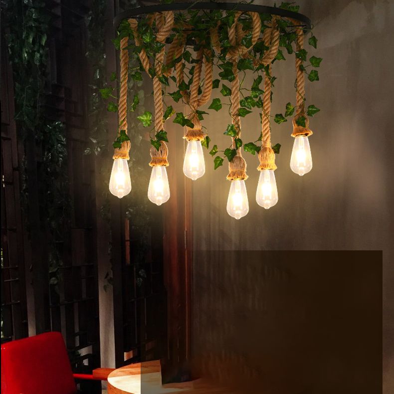 Bare Bulb Chandelier Light Fixture Industrial Rope Pendant Lighting for Restaurant (Without Plants)