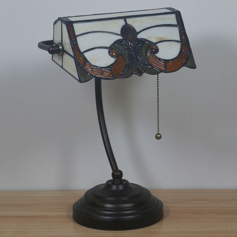 Bronze Rollover Shade Night Lamp Victorian 1 Light Stained Art Glass Table Light with Pull Chain