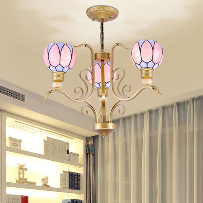 Blossom Chandelier Light Tiffany Pink Glass 3/5/6 Lights Brass Hanging Lamp Kit for Living Room