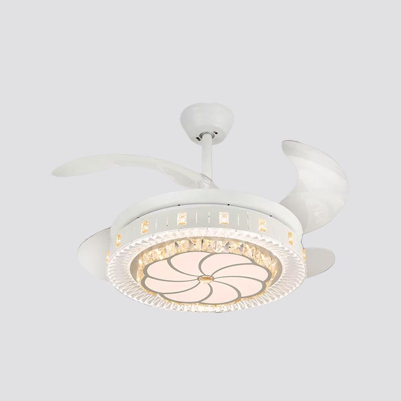 19" Wide White Layered Ceiling Fan Light Modernist LED Crystal Semi Flush Mount, 4 Blades