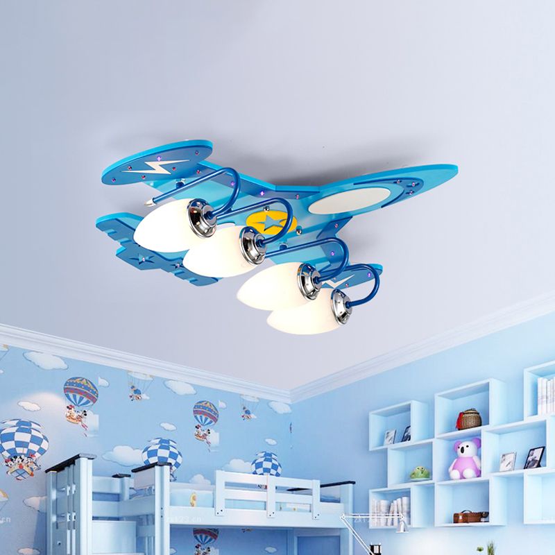 Plafonnier encastré en bois pour enfants, avion à réaction, 4 têtes, éclairage de plafond pour chambre à coucher, bleu, avec abat-jour ovale en verre de lait