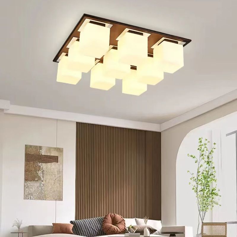 Modern Wood Flush Mount Square Shape Ceiling Light with Glass Shade for Living Room