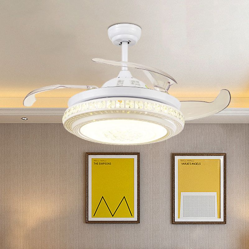 42" W White LED Ceiling Fan Lighting Minimalism Metal Circular Semi Flush Mount Light with 4 Clear Blades, Remote/Wall Control/Frequency Conversion