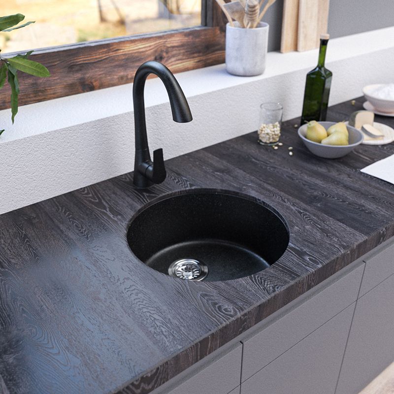 Contemporary Kitchen Sink Black Round Quartz Drop-In Single Bowl(Not Included Faucet)