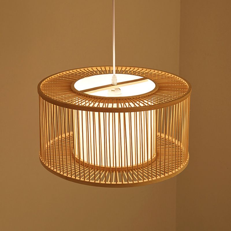 Japanese Bamboo Pendant Light Fixture 1-Light Beige Hanging Ceiling Light