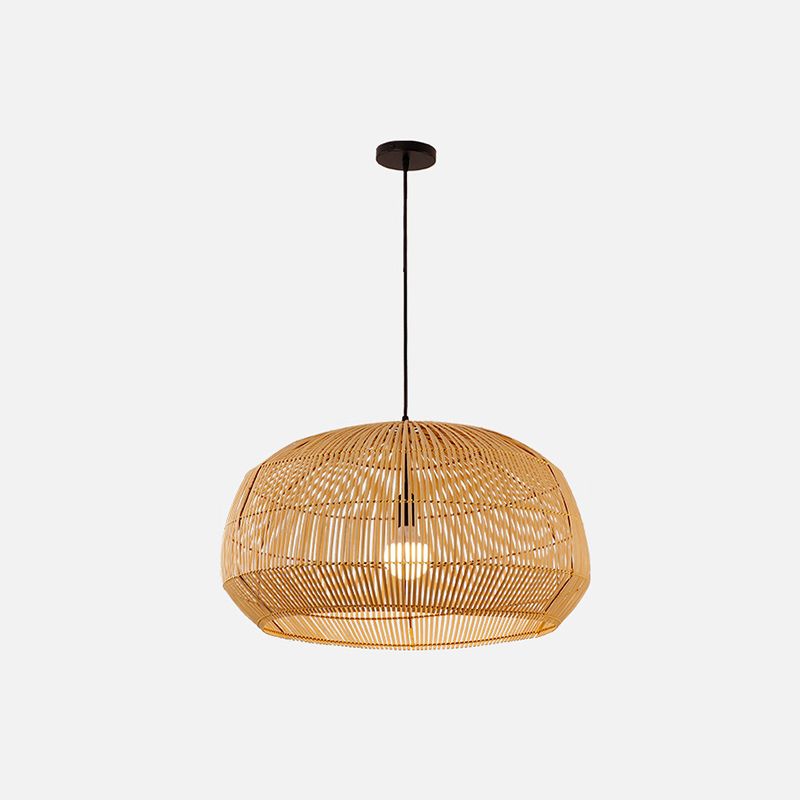 Round Pendant Lighting Fixture Asian Style 1-Bulb Wood Suspension Light for Balcony