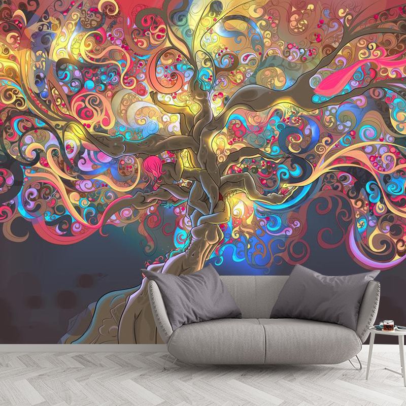 Entwined Tree Wall Mural Decal for Girl Fantasy Wall Covering in Yellow and Pink, Custom Size Available