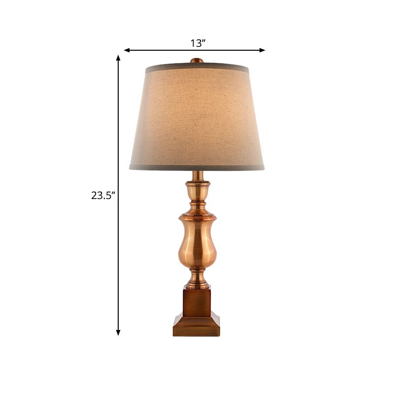 Metallic Baluster Desk Light Vintage Style 1 Head Bedside Table Lamp in Brown with Conical Fabric Shade