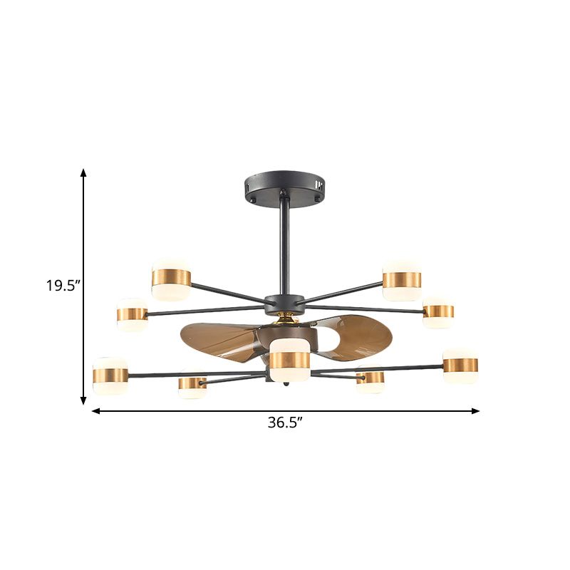 Gold 2-Layer Radial Semi Flush Lighting Modern 10 Bulbs Metallic Hanging Fan Light with 3 Brown Blades, 36.5" Wide