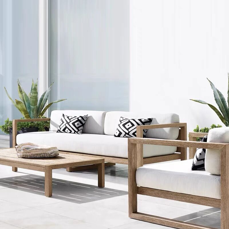 Farmhouse Outdoor Patio Sofa with White Cushion in Solid Wood Patio Sofa Sectional