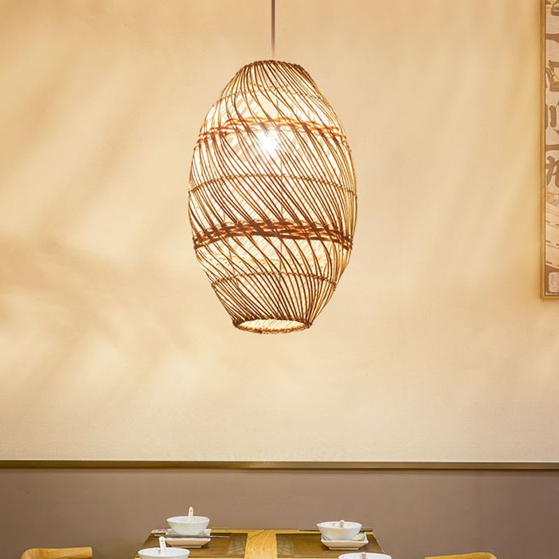 Bamboo Rattan Oval Hanging Lighting Asian 1 Light Wood Pendant Lamp Kit for Tea Room