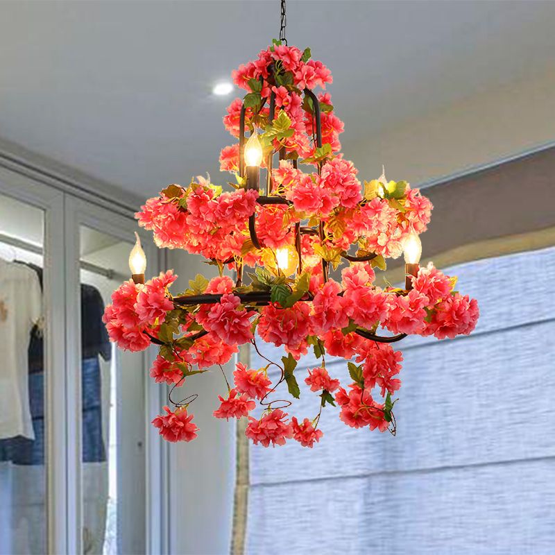 Cherry Blossom Restaurant lustre éclairage Vintage Metal 7 Lumières Rose rouge Suspension LED