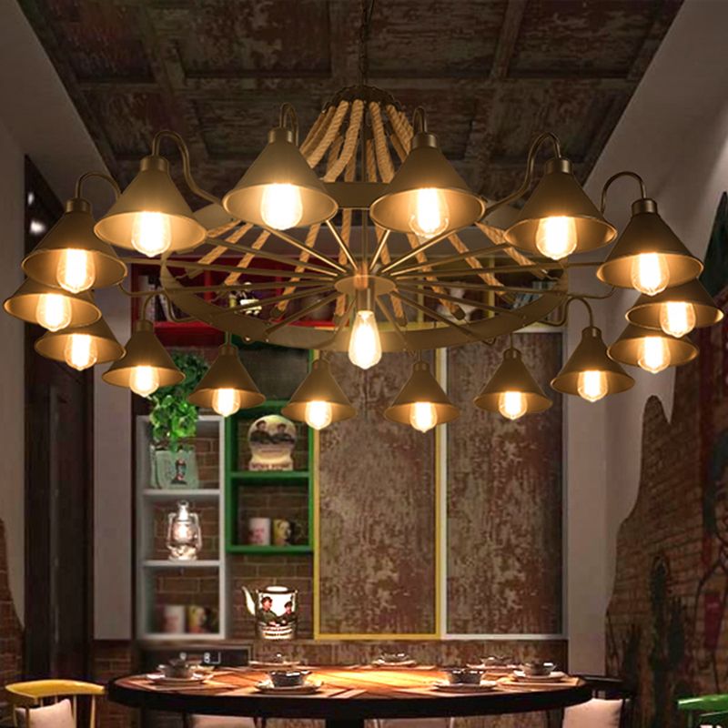 Lámpara de lámpara de tono cónico negro de lámpara de hierro antiguo lámpara colgante de restaurantes con cuerda de cáñamo