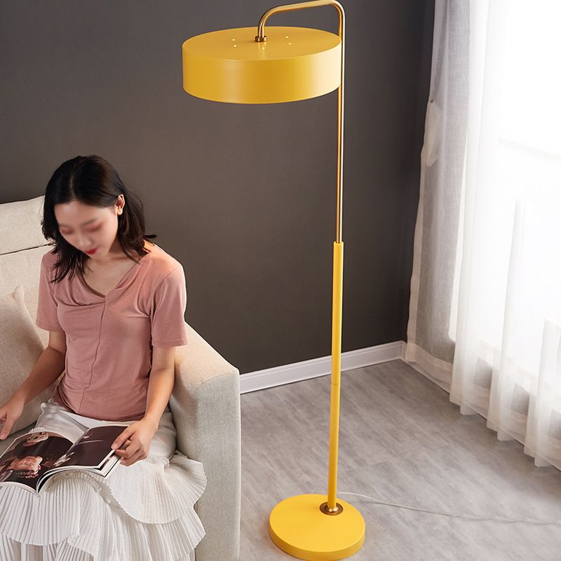 Macaron 1-Head Floor Lamp Black/Blue/Yellow Finish Drum Floor Standing Light with Iron Shade for Living Room