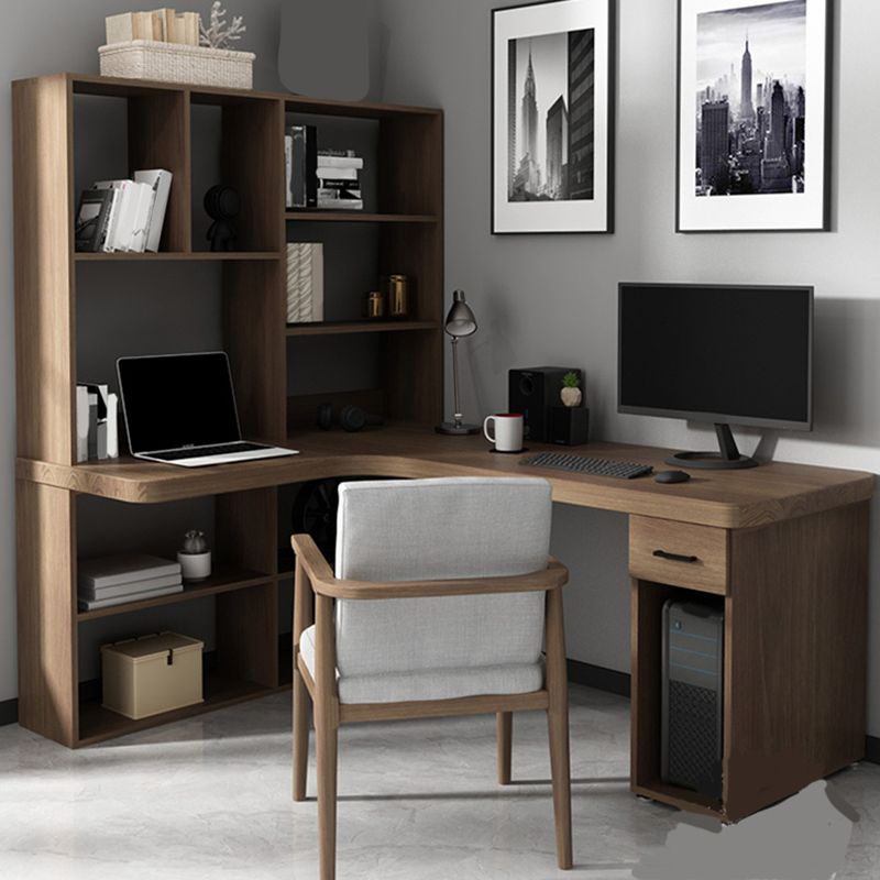 Contemporary Office Desk L-Shape Credenza Desk with Bookcase