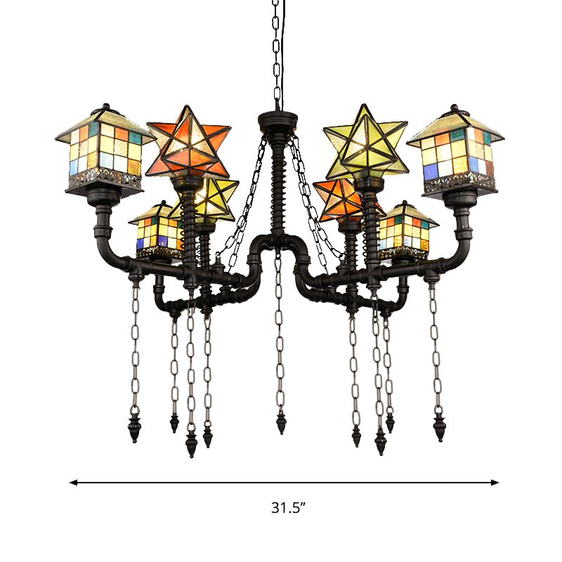 Stained Glass Chandelier with House and Star Rustic Antique Hanging Ceiling Light for Living Room