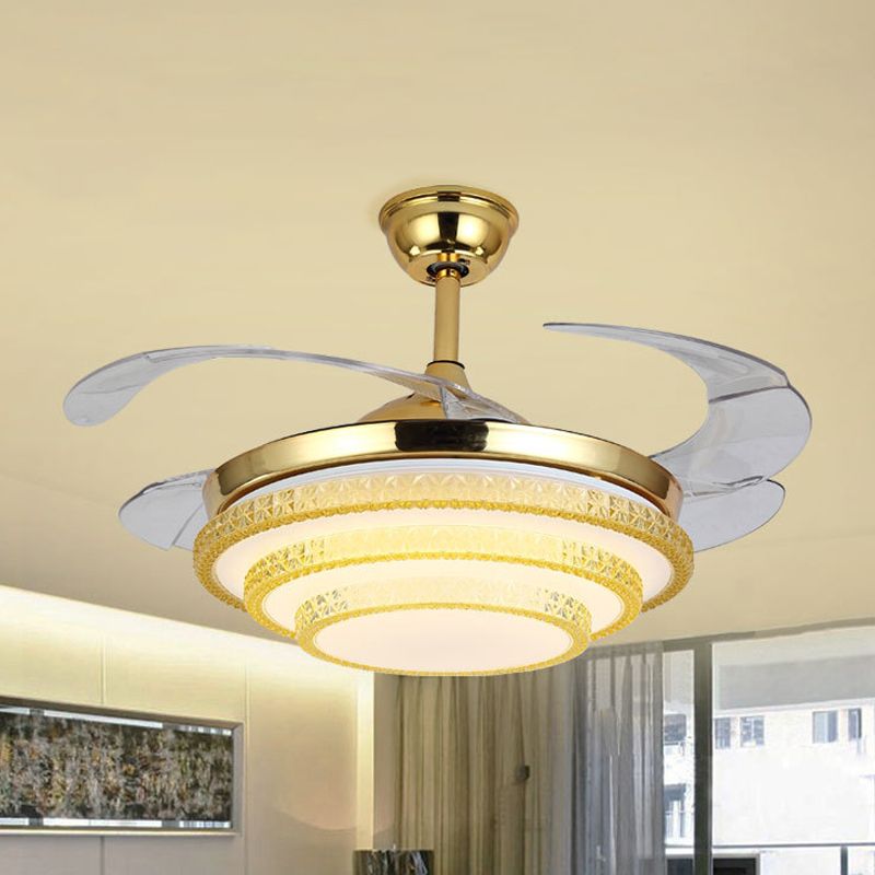 3-laags grote kamer plafondventilator lamp handgesneden kristallen led eigentijds semi-flush licht in goud met 4 messen, 19 "w