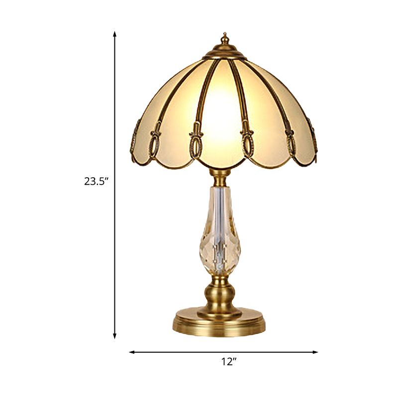 1 Bulb Night Table Lamp Vintage Scalloped Shade Beige/Frosted Glass Nightstand Light in Gold with Clear Crystal Accent