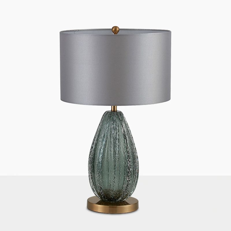 Blue Seeded Glass Ellipse Night Lamp Modern 1 Head Grey Table Light with Drum Fabric Shade, 12"/15" W