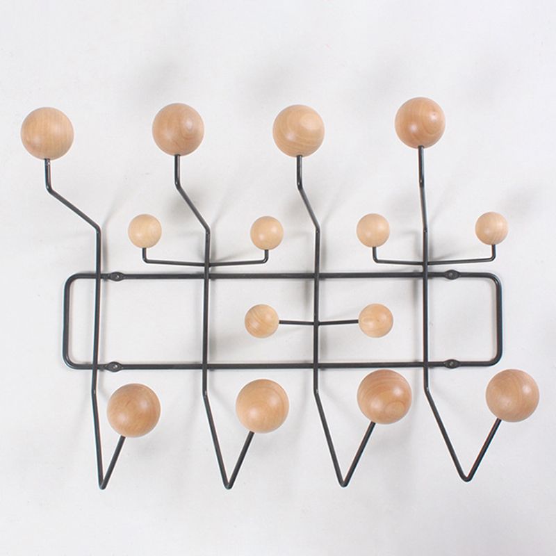 Industrial Hooks Punch-Free Metal Wall-Mounted Coat Rack with Wood Ball Decoration