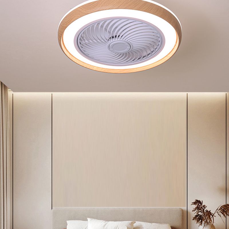 Wood Finish Round Fan Lamp Nordic LED Metal Ceiling Flush Mount Light for Bedroom