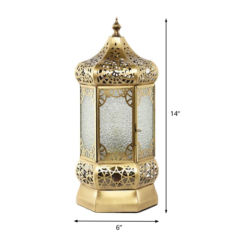 Metal Brass Finish Task Light Lantern 1 Head Traditional Night Table Lamp with Seeded Glass Shade