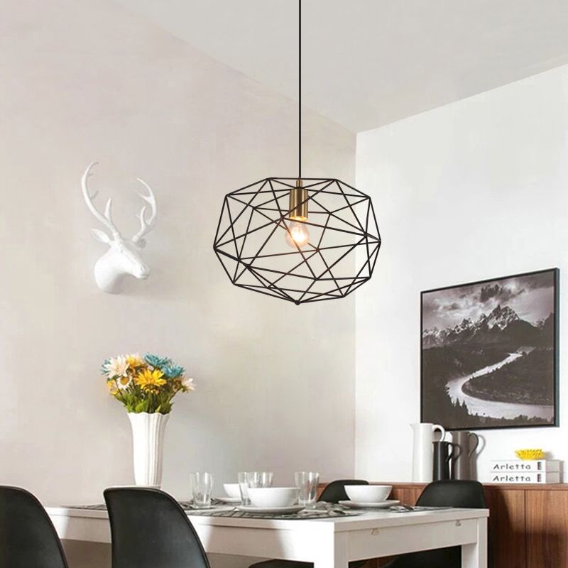 Black Wire Cage Pendant Lamp Vintage Style 1 Light Metallic Hanging Light Fixture for Dining Room, 12.5"/15" Width