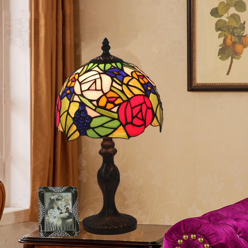 1-Light Domed Night Lighting Tiffany Style Bronze Stained Art Glass Rose Patterned Desk Light