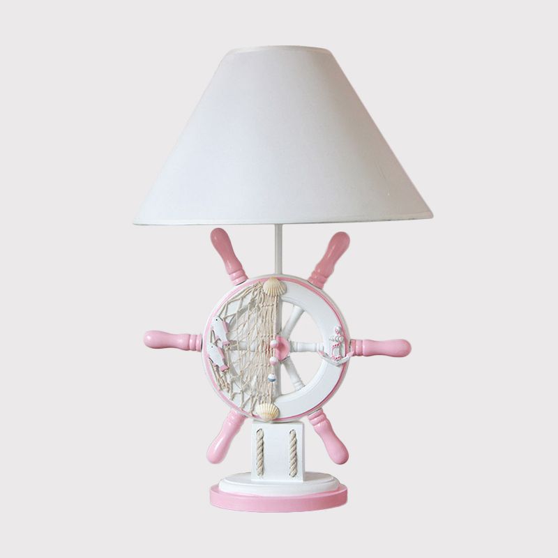 Rudder Resin Task Light Children Single Head Pink/Green Desk Lamp with Barrel White Fabric Shade