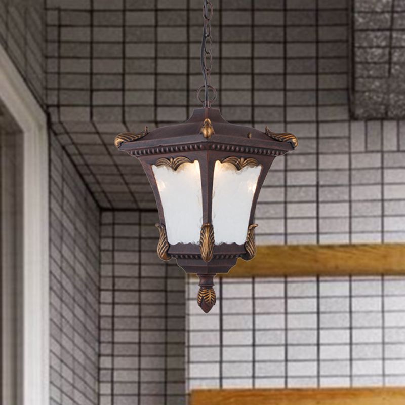 1 bulbe Suspension Light Lodge Patio suspendu lampe à lampe avec lanterne en verre d'ondulation transparente en bronze / rouille