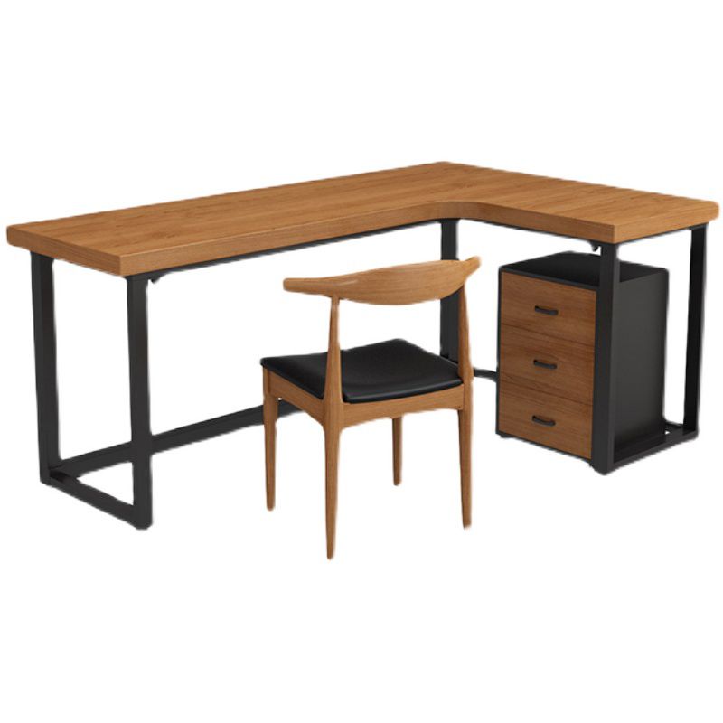 Brown Contemporary Corner Writing Desk Pine Wood Desktop Black H-Shape Base Desk