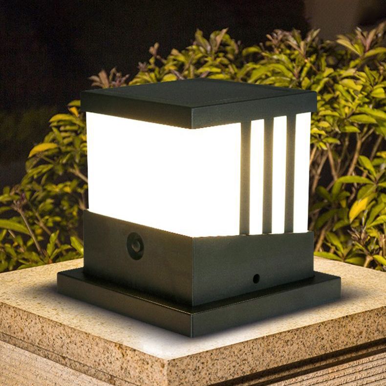Solar Square Outdoor Lights Black Metal Waterproof Pillar Lamp for Garden