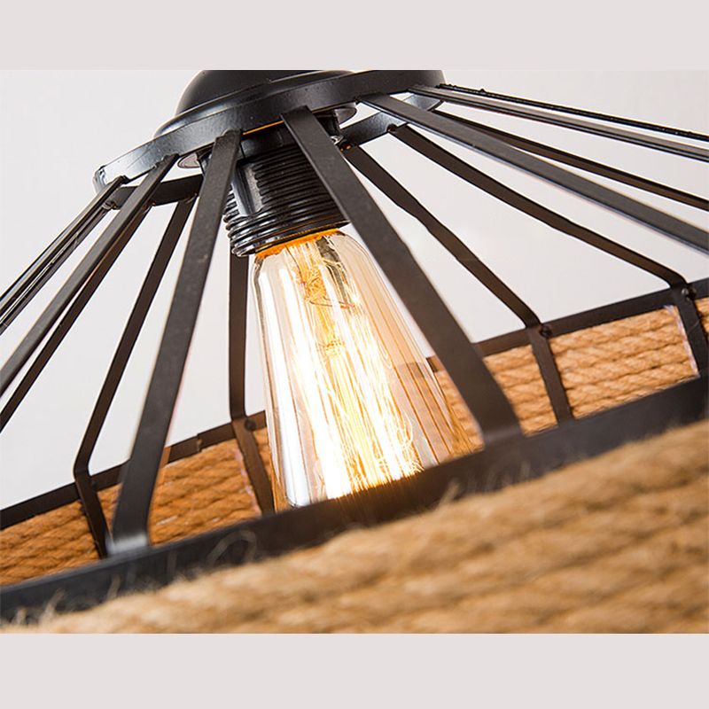 1-Bulb Pendant Lamp Countryside Cage Rope Suspension Light Fixture in Beige