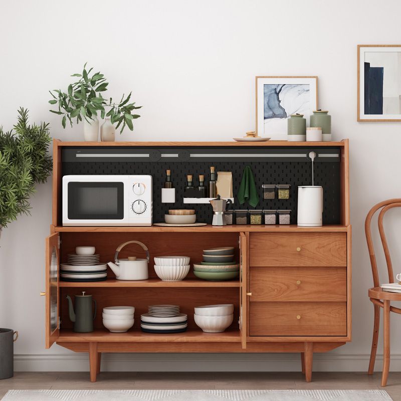 Pine Solid Wood Sideboard 3-drawer Home Credenza with Glass Door