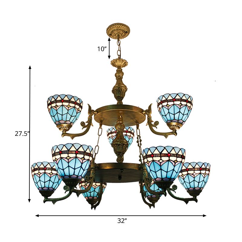 Stained Glass Bowl Hanging Ceiling Light 9 Lights Baroque Chandelier Lighting in Blue for Hallway