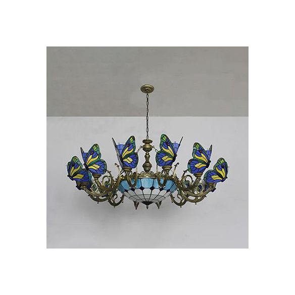 Butterfly Indoor Pendant Light Stained Glass Tiffany Chandelier Lamp in Dark Blue/Sky Blue/Beige/Blue for Hallway