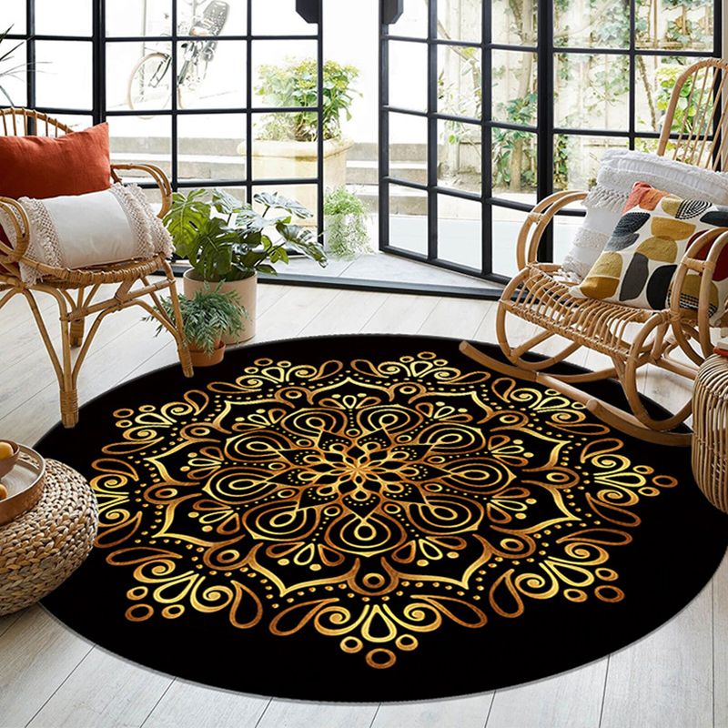 Morocco Tribal Pattern Area Rug Black Polyester Area Carpet Anti-Slip Washable Rug for Home Decor