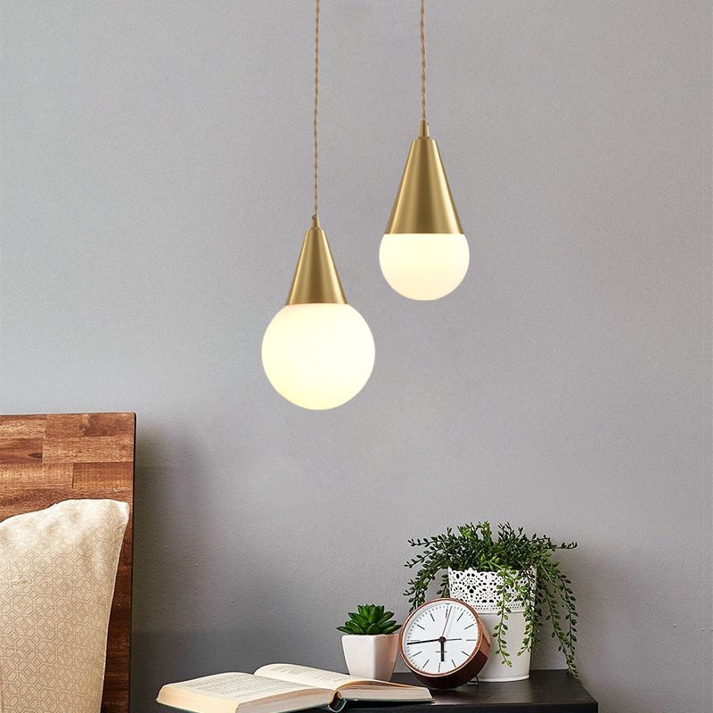 Brass Water-drop Shaped Hanging Light Minimalist 1-Light White Glass Ceiling Pendant