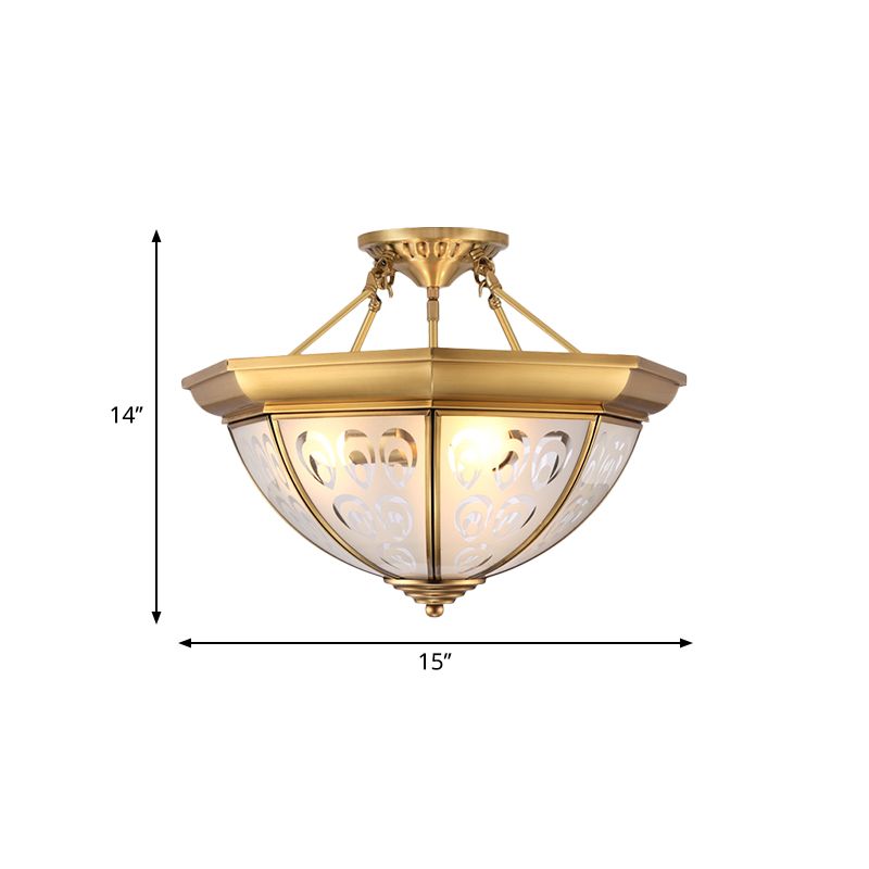 Lampada del monte a soffitto a cupola coloniale 15 "/19" W 3/4 lampadina di vetro opale semifulto in ottone per soggiorno