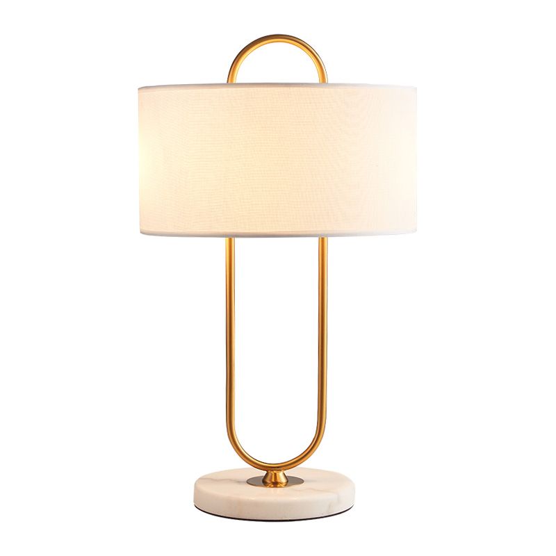 Oblong Shaped Bedside Table Lamp Metallic Modern Night Light with Marble Base and Drum Fabric Shade