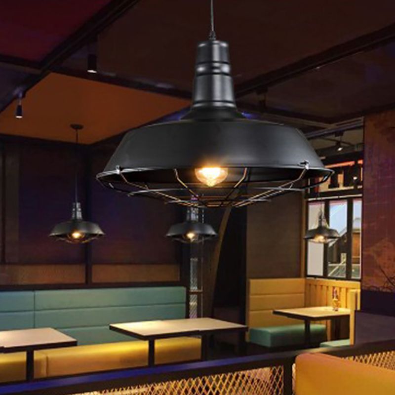 Iron Caged Pendant Lamp Industrial-Style 1 Bulb Restaurant Suspension Lighting in Black