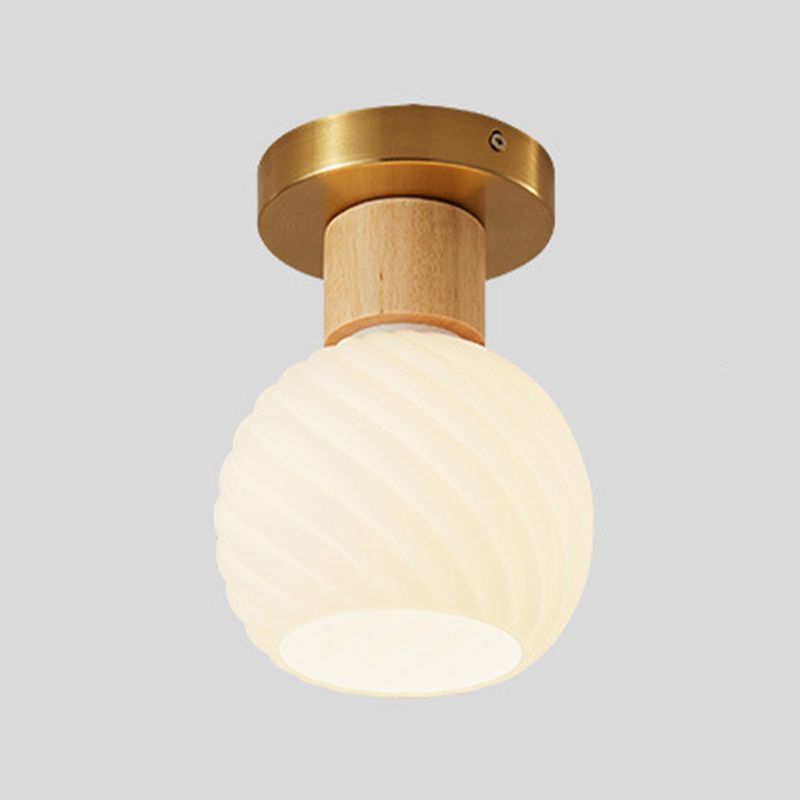 1-Light Ceiling Light Modern Wooden Ceiling Mount Light with Glass Shade for Living Room