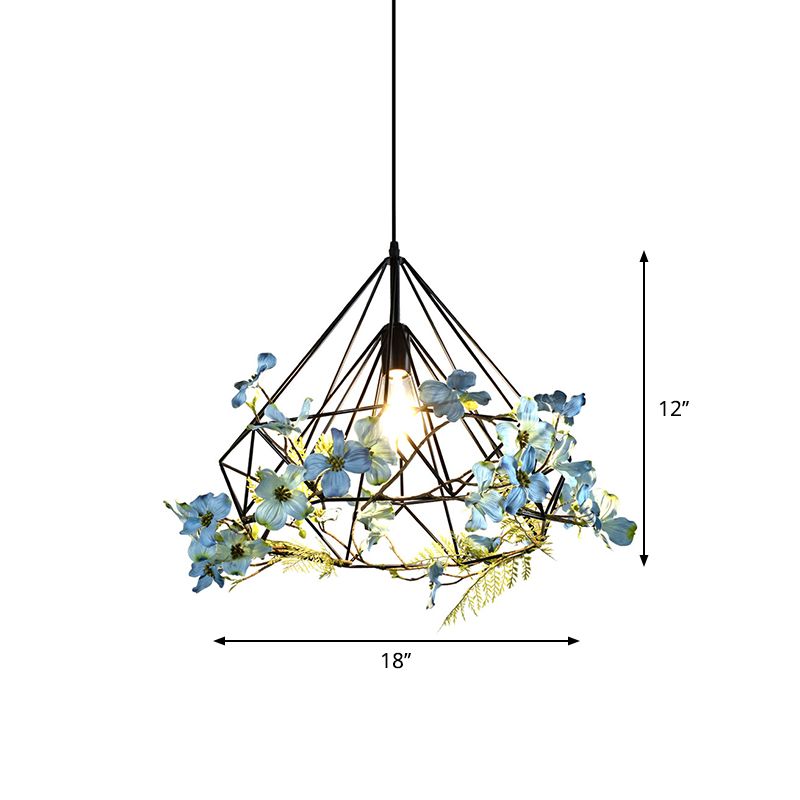 Diamond Cage Iron Pendant Lamp Farmhouse 1-Bulb Restaurant Suspension Lighting in Black, 18"/19.5"/23.5" W