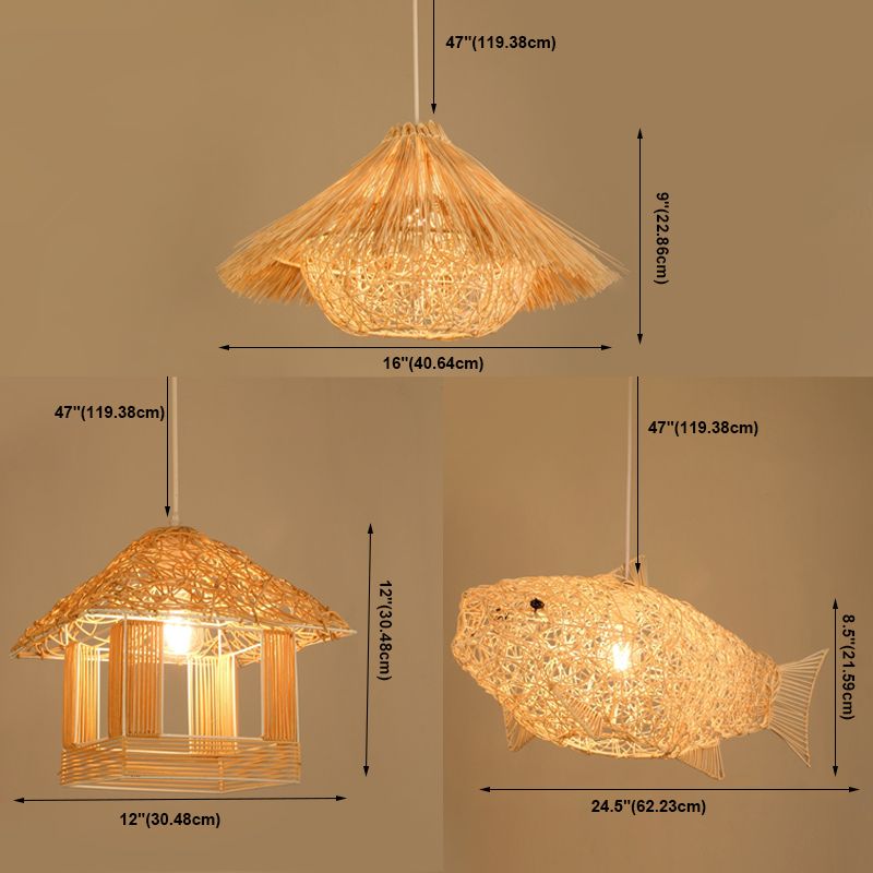 Éclairage de pendentif asiatique Kit de lampe suspendue à 1 lumière avec une teinte en rotin