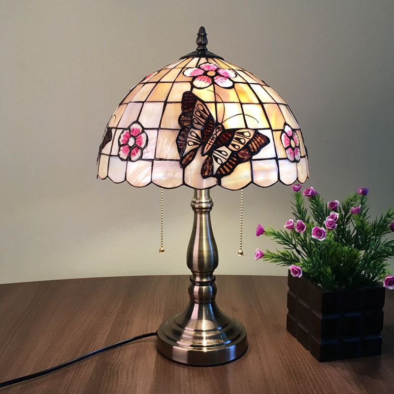 Shell Gridded Bowl Night Light Tiffany 2 Heads Brushed Brass Pull-Chain Table Lighting with Butterfly-Flower Pattern