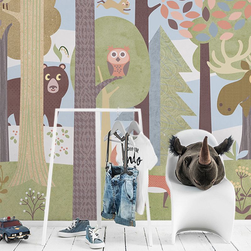 Cartoon Jungle Animal Mural Wallpaper for Child Room Custom Size Wall Art in Dark Color