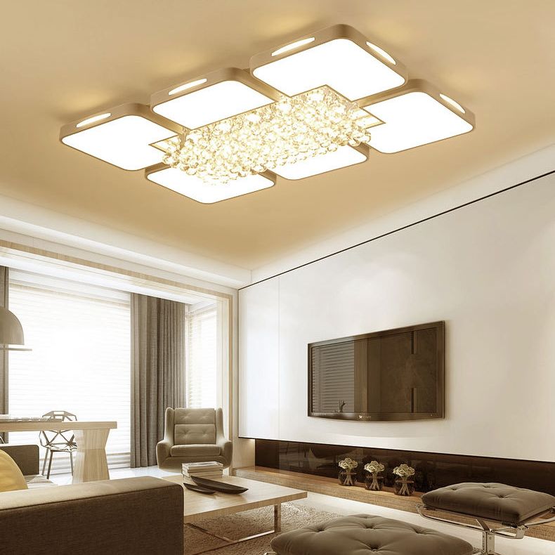 White Rectangular LED Flush Light Modern Acrylic Living Room Ceiling Fixture with Crystal Balls