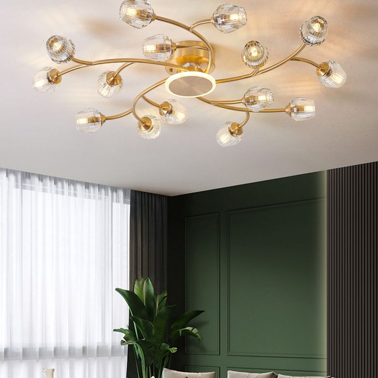 Copper Multi-head Semi Flush Mounted Ceiling Led Lights Glass Shade Modern Radial Metal Semi Flush Light