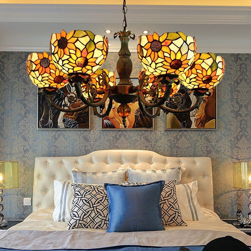 Large Chandeliers for Living Room, 6-Lights Sunflower Pendant Lighting with Stained Glass Shade Tiffany Style