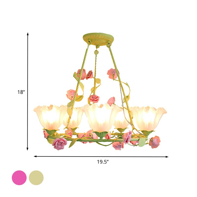 Opal Glass Scalloped Chandelier Lighting Korean Garden 5 Lights Bedroom Ceiling Lamp in Pink/Yellow